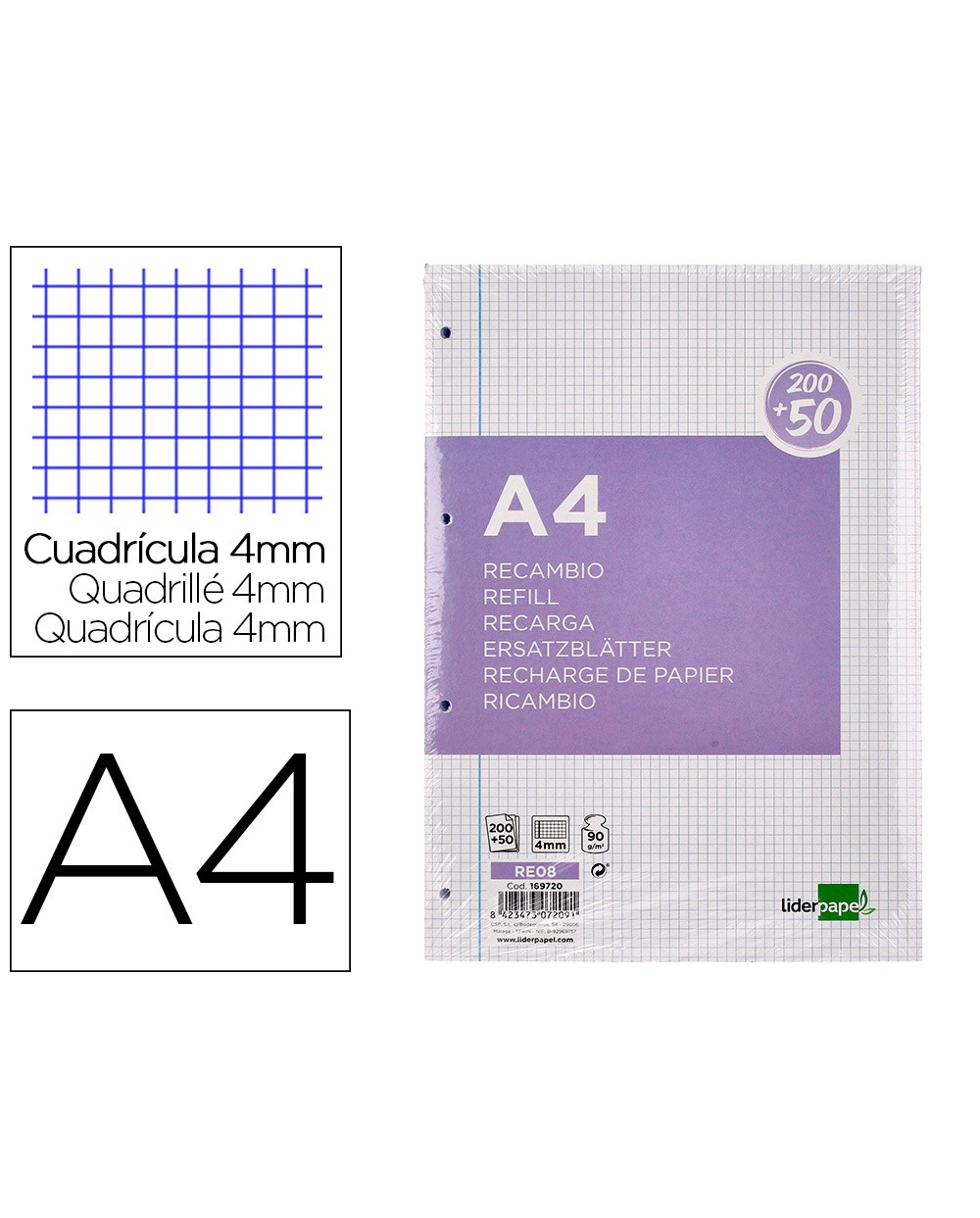 Recambio liderpapel a4 20050 hojas 90g m2 cuadro 4 mm con margen 4 taladros