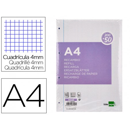 Recambio liderpapel a4 20050 hojas 90g m2 cuadro 4 mm con margen 4 taladros