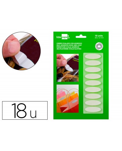 Velcro autoadhesivo ovalado liderpapel quita y pon blanco 35x12 mm blister de 18 unidades