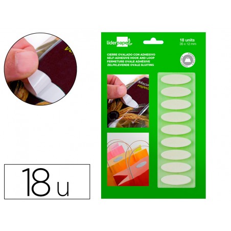 Velcro autoadhesivo ovalado liderpapel quita y pon blanco 35x12 mm blister de 18 unidades