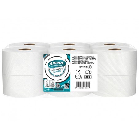 Papel higienico amoos jumbo industrial mission care extraccion central 2 capas 33g m2 paquete de 12 rollos