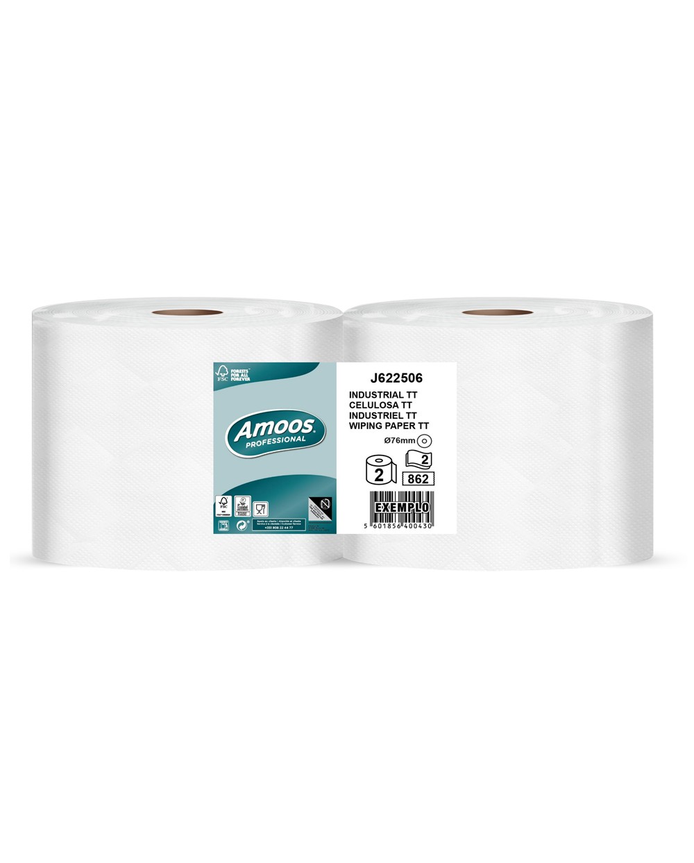 Papel secamanos amoos industrial 2 capas 32g m2 paquete de 2 rollos