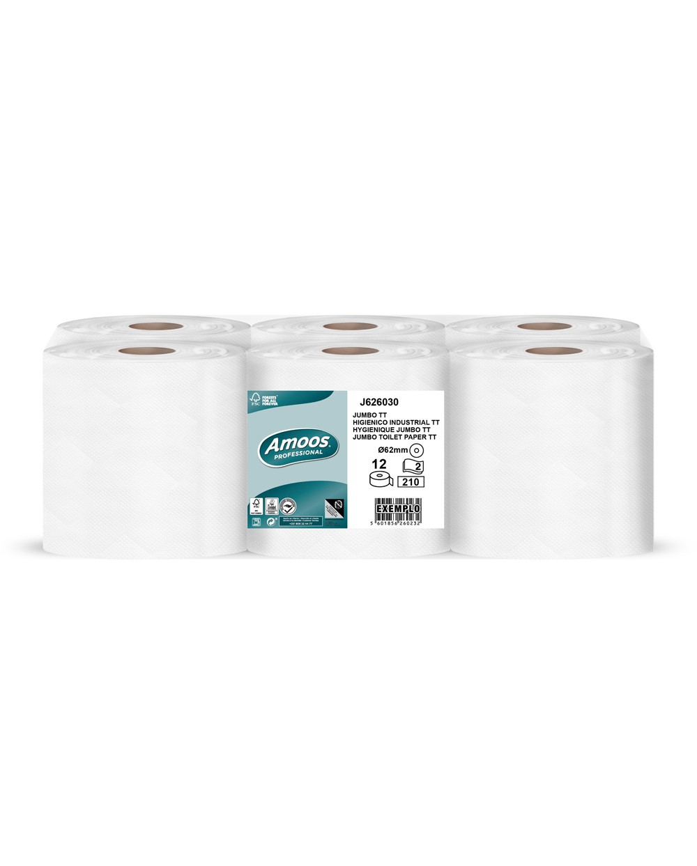 Papel higienico amoos jumbo industrial 2 capas 30g m2 paquete de 12 rollos