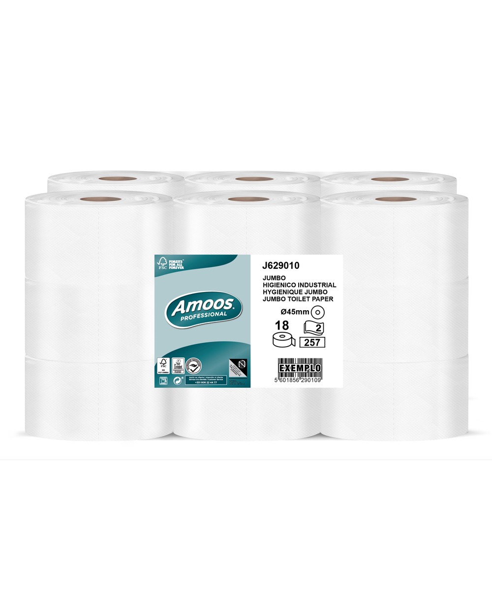 Papel higienico amoos jumbo industrial 2 capas 30g m2 paquete de 18 rollos