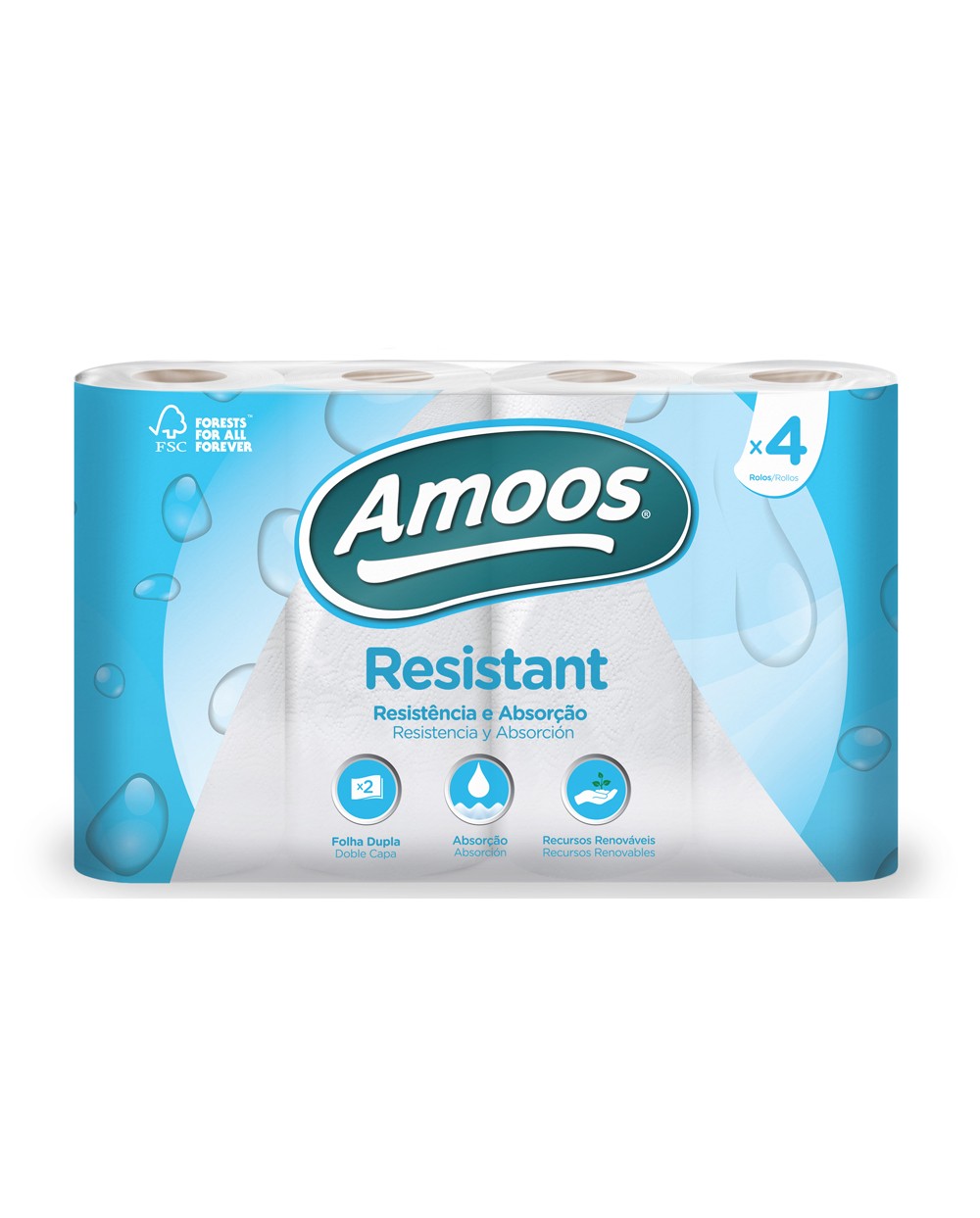 Papel de cocina amoos 2 capas 100 mm diametro x 224 mm alto 42g m2 36 servicios paquete de 4 rollos