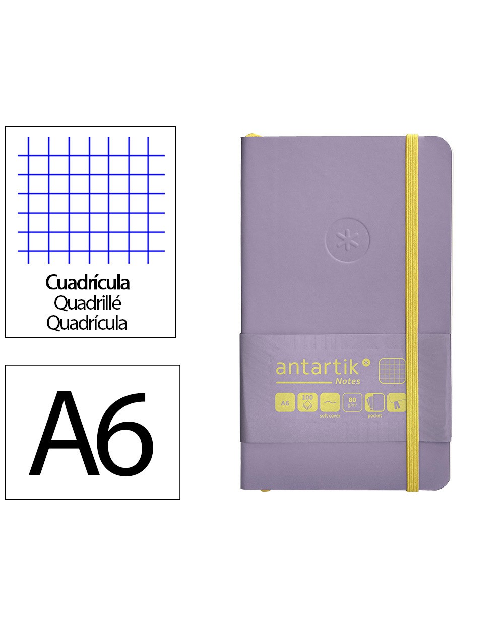 Cuaderno con gomilla antartik notes tapa blanda a6 cuadricula morado y amarillo 100 hojas 80 gr fsc