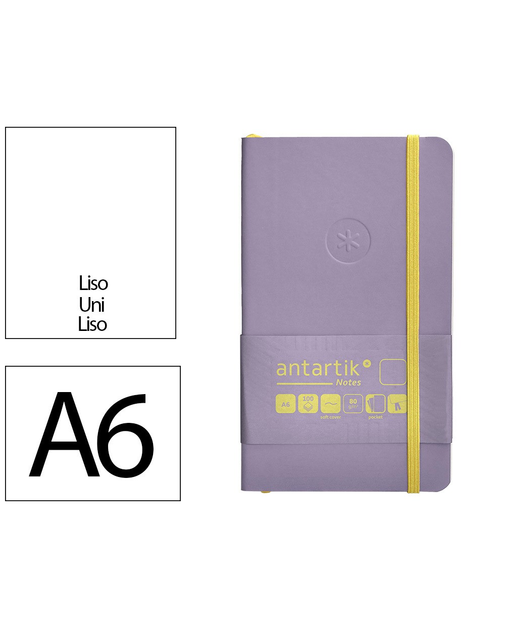 Cuaderno con gomilla antartik notes tapa blanda a6 hojas lisas morado y amarillo 100 hojas 80 gr fsc