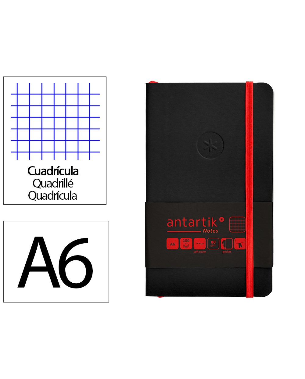 Cuaderno con gomilla antartik notes tapa blanda a6 cuadricula negro y rojo 100 hojas 80 gr fsc