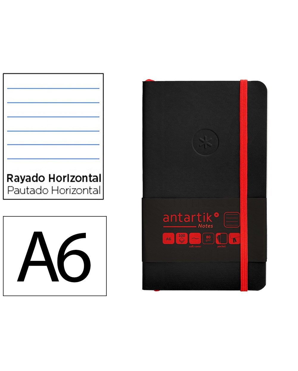 Cuaderno con gomilla antartik notes tapa blanda a6 rayas negro y rojo 100 hojas 80 gr fsc