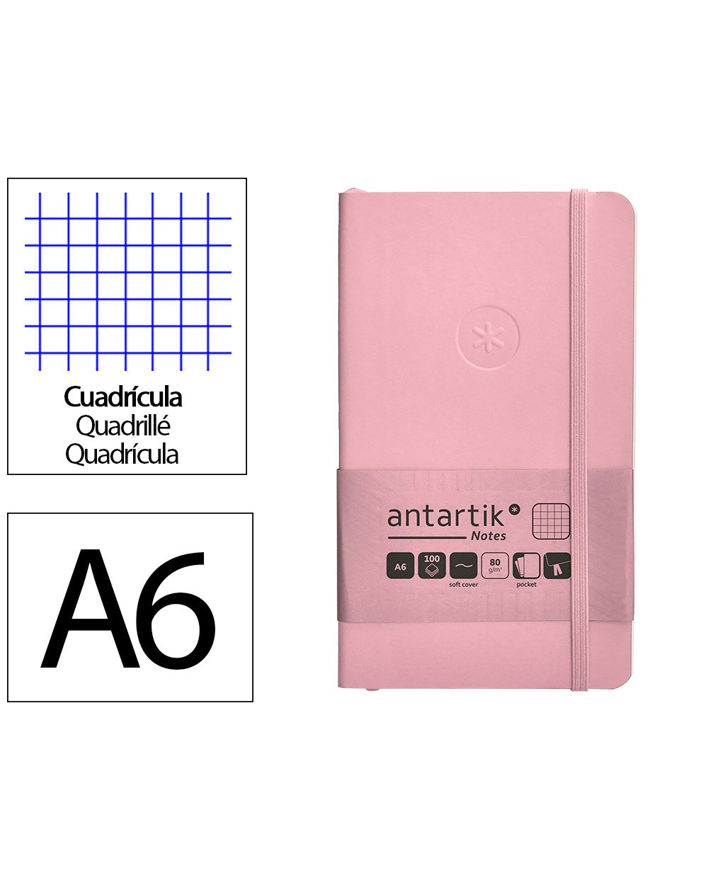 Cuaderno con gomilla antartik notes tapa blanda a6 cuadricula rosa pastel 100 hojas 80 gr fsc