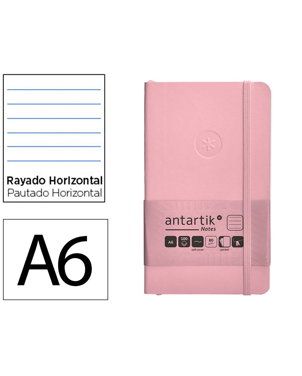 Cuaderno con gomilla antartik notes tapa blanda a6 rayas rosa pastel 100 hojas 80 gr fsc