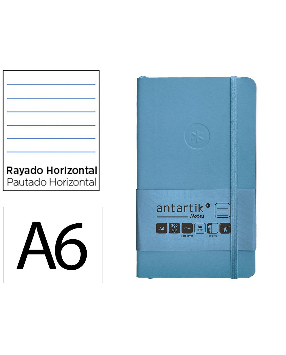 Cuaderno con gomilla antartik notes tapa blanda a6 rayas azul claro 100 hojas 80 gr fsc