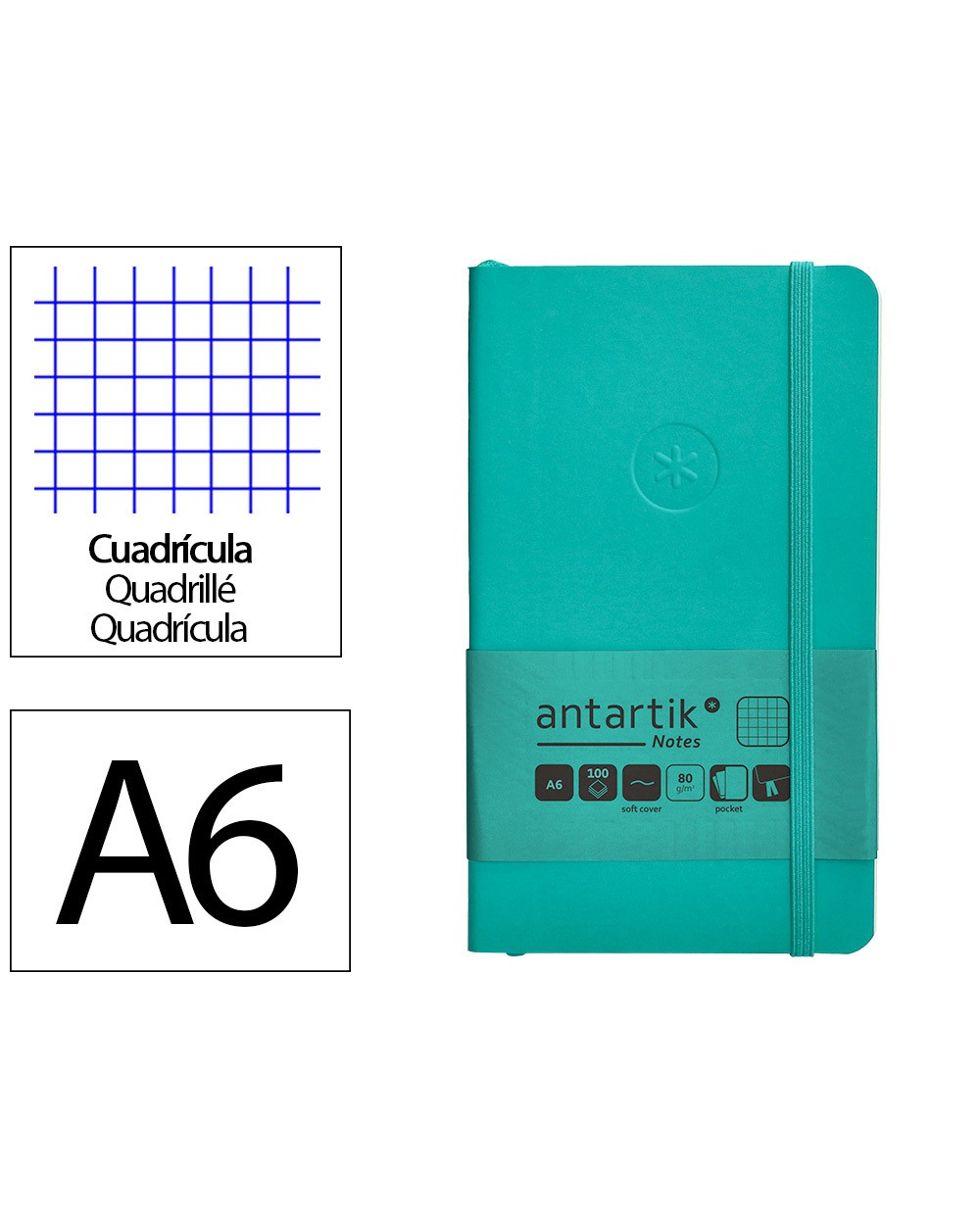 Cuaderno con gomilla antartik notes tapa blanda a6 cuadricula turquesa 100 hojas 80 gr fsc