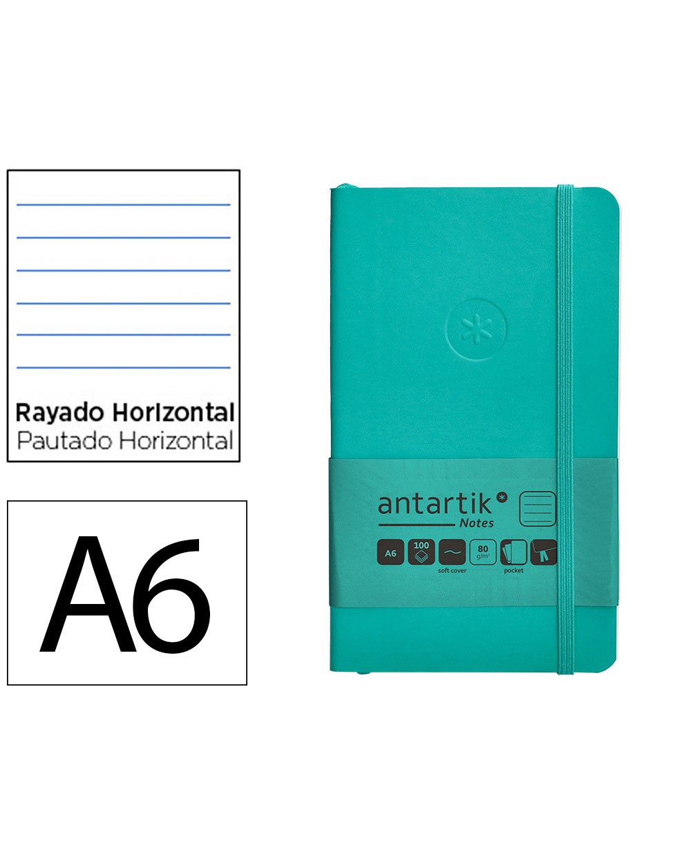 Cuaderno con gomilla antartik notes tapa blanda a6 rayas turquesa 100 hojas 80 gr fsc