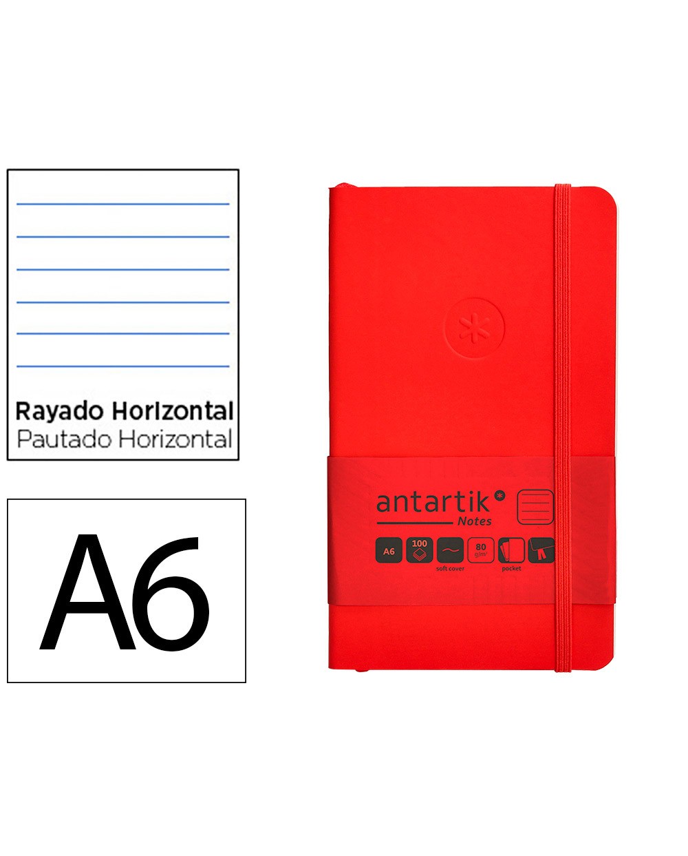 Cuaderno con gomilla antartik notes tapa blanda a6 rayas rojo 100 hojas 80 gr fsc