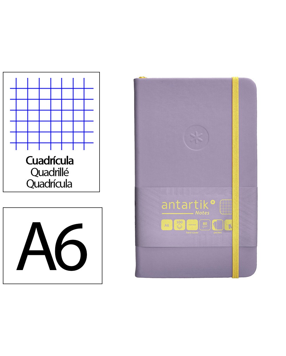 Cuaderno con gomilla antartik notes tapa dura a6 hojas cuadricula morado y amarillo 100 hojas 80 gr fsc