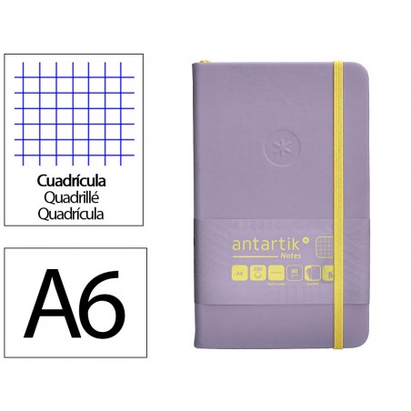 Cuaderno con gomilla antartik notes tapa dura a6 hojas cuadricula morado y amarillo 100 hojas 80 gr fsc