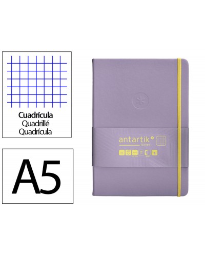 Cuaderno con gomilla antartik notes tapa dura a5 hojas cuadricula morado y amarillo 100 hojas 80 gr fsc