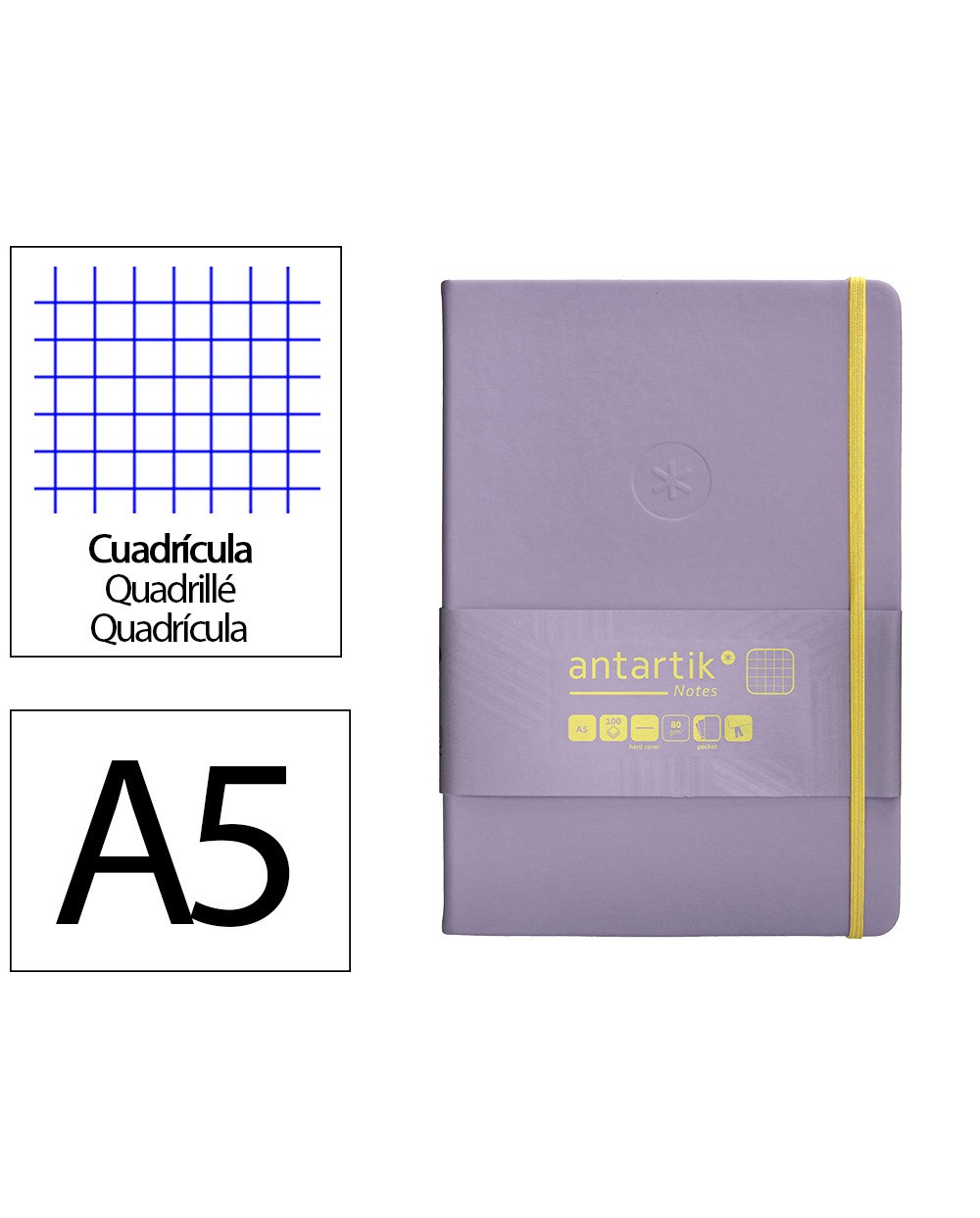 Cuaderno con gomilla antartik notes tapa dura a5 hojas cuadricula morado y amarillo 100 hojas 80 gr fsc