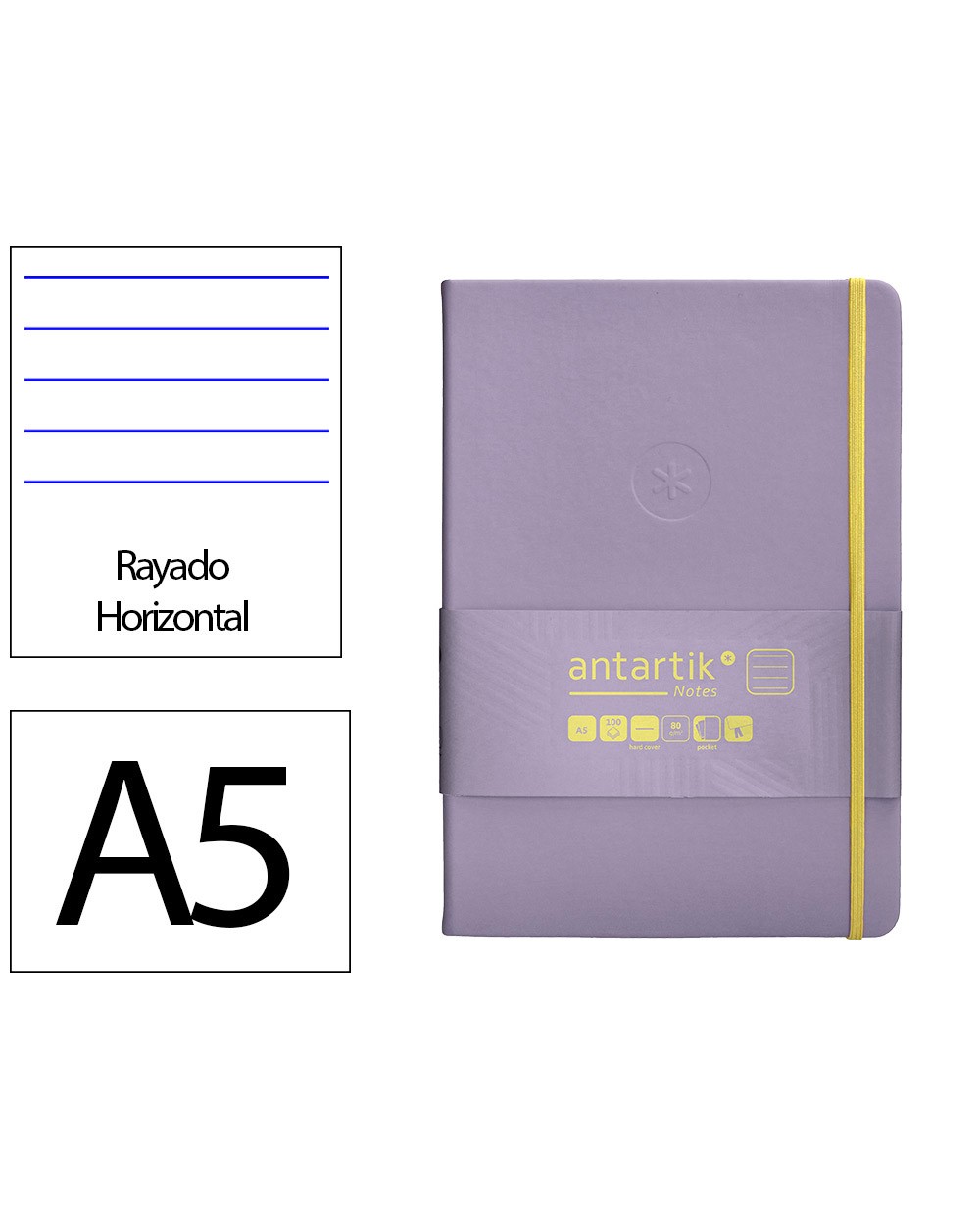 Cuaderno con gomilla antartik notes tapa dura a5 hojas rayas morado y amarillo 100 hojas 80 gr fsc