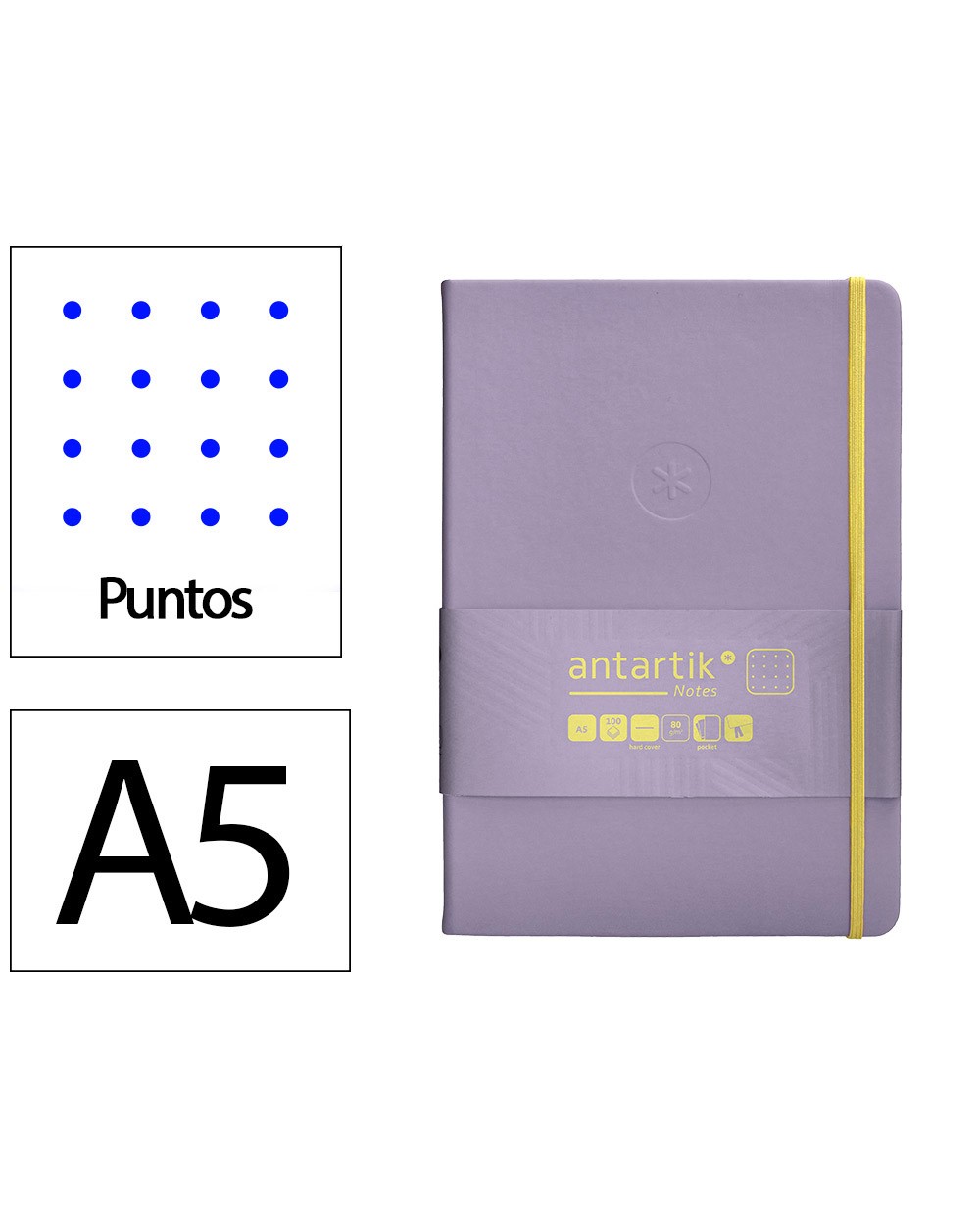 Cuaderno con gomilla antartik notes tapa dura a5 hojas puntos morado y amarillo 100 hojas 80 gr fsc