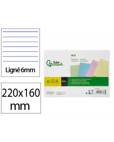 Tarjeta liderpapel para estudiar rayada cartulina de colores 170 gr m2 160x220mm paquete de 200 unidades