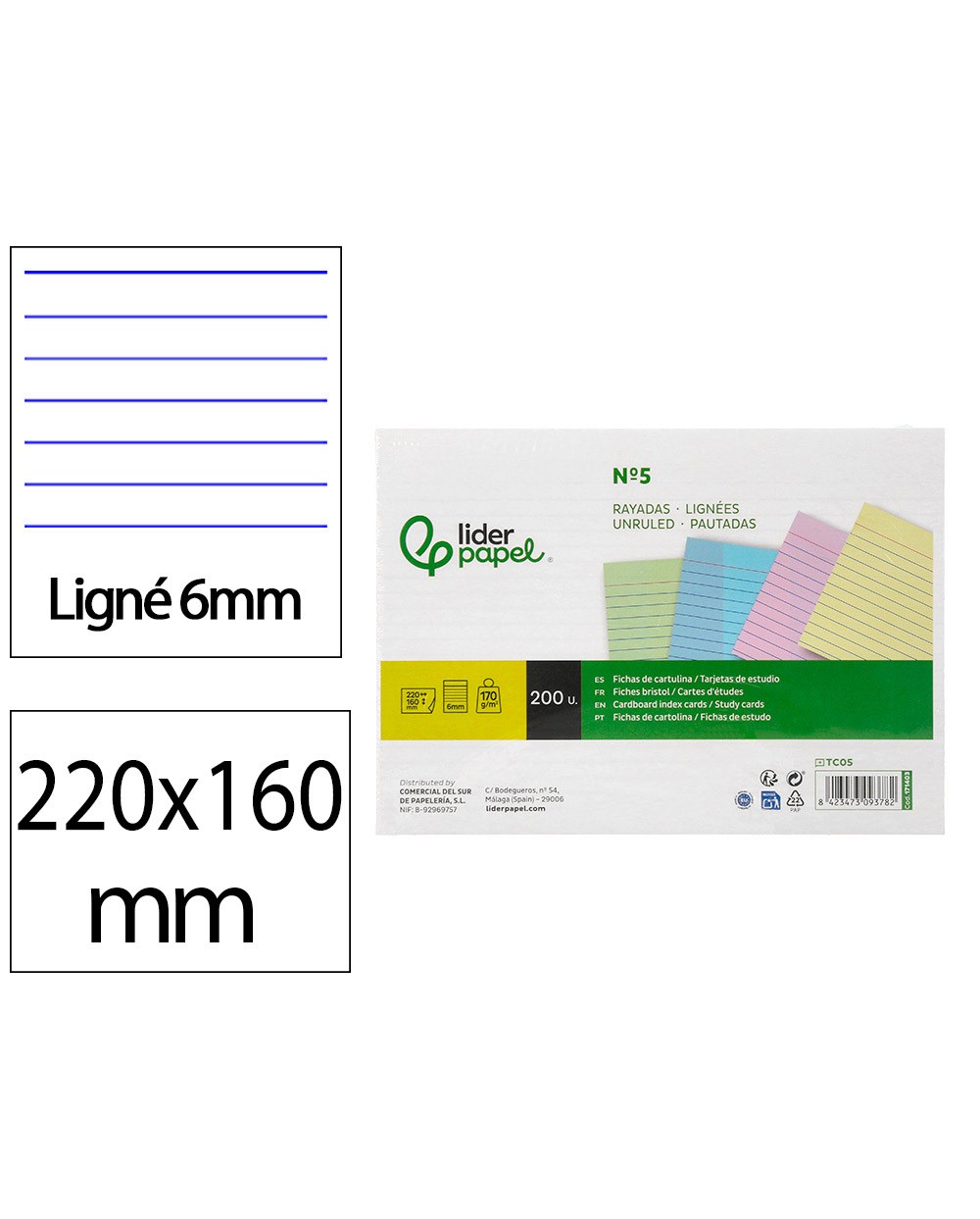 Tarjeta liderpapel para estudiar rayada cartulina de colores 170 gr m2 160x220mm paquete de 200 unidades