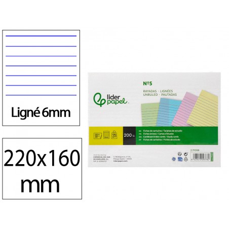 Tarjeta liderpapel para estudiar rayada cartulina de colores 170 gr m2 160x220mm paquete de 200 unidades