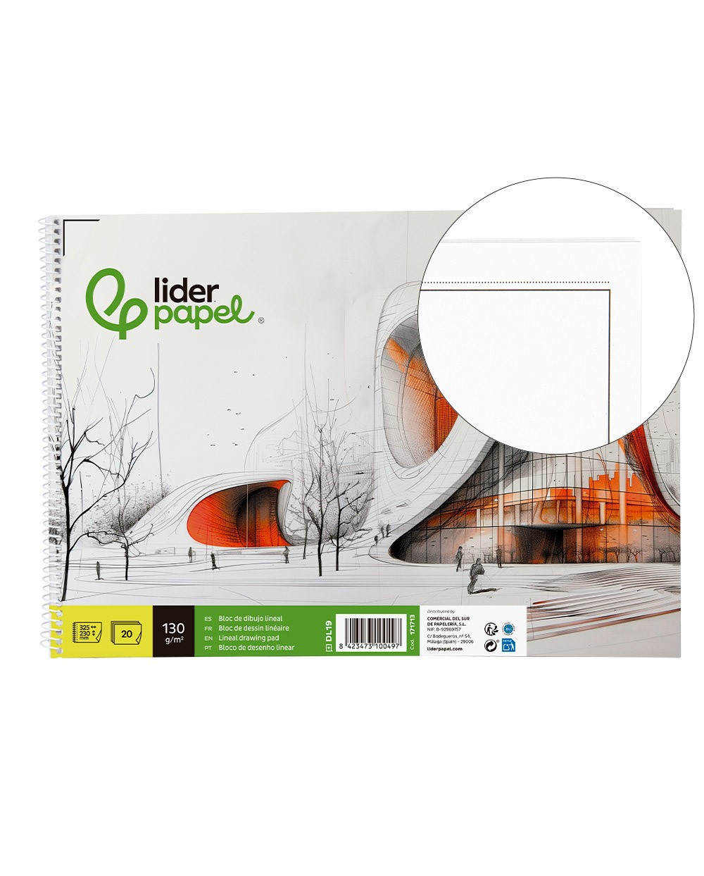 Bloc dibujo liderpapel lineal vanguardia 230x325mm 20 hojas 130g m2 con recuadro perforado