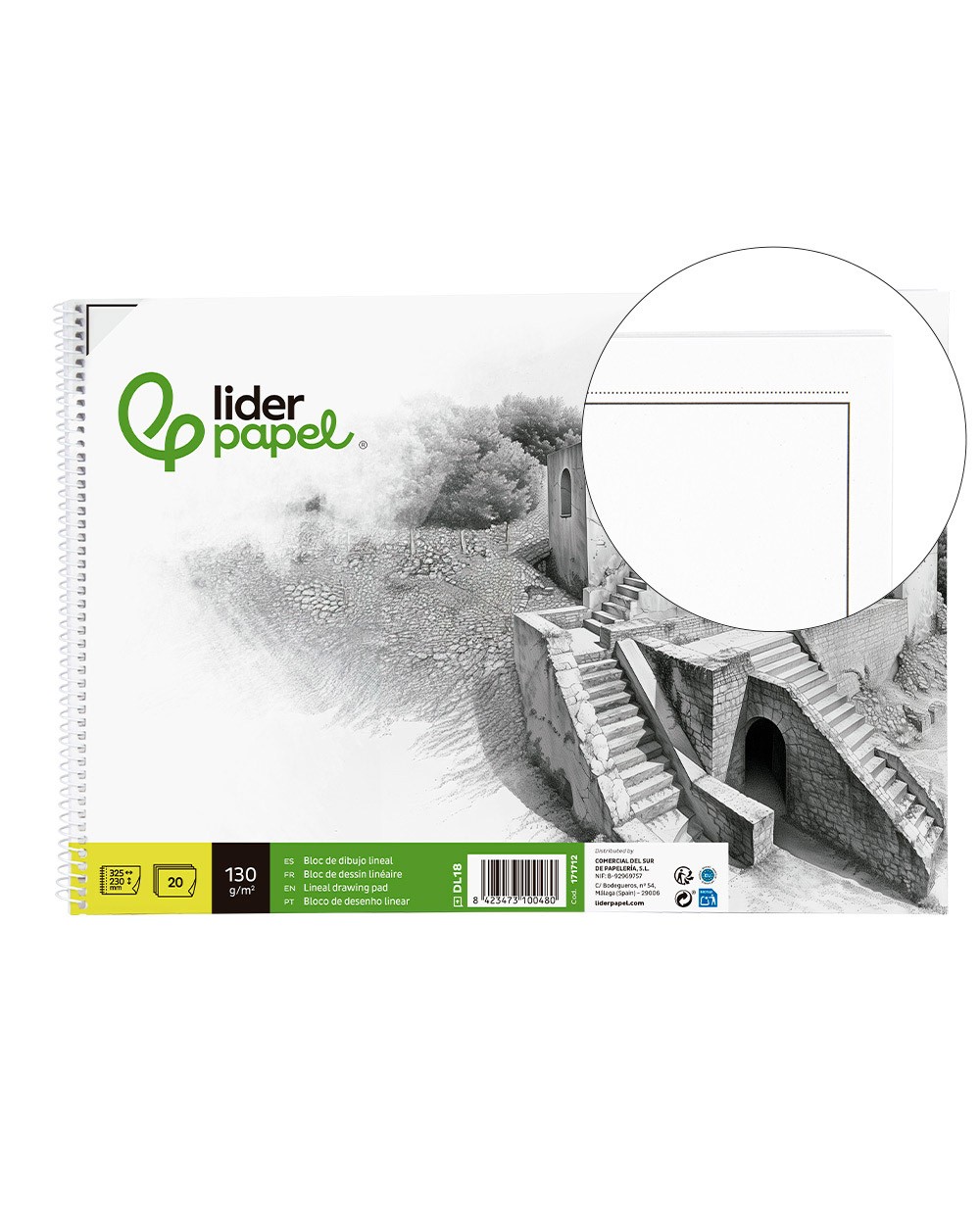 Bloc dibujo liderpapel lineal historico 230x325mm 20 hojas 130g m2 con recuadro perforado