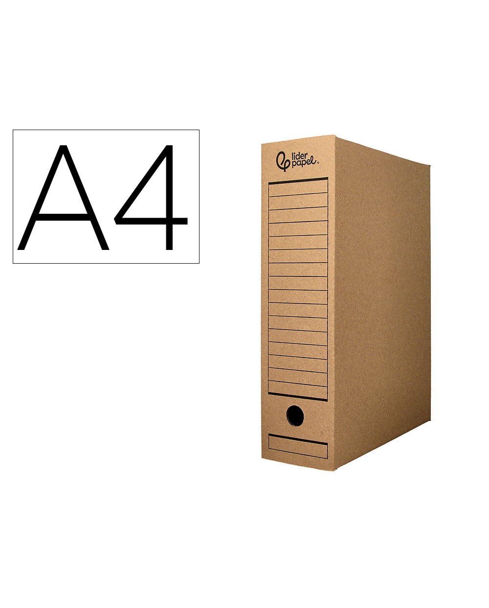 Caja archivo definitivo liderpapel din a4 carton reciclado 325g m2 lomo 82 mm kraft 325x82x250 mm