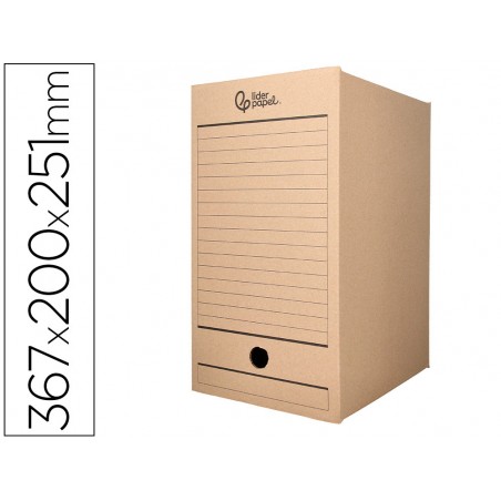 Caja archivo definitivo liderpapel folio doble ancho carton reciclado 400g m2 lomo 200 mm kraft 367x200x251 mm