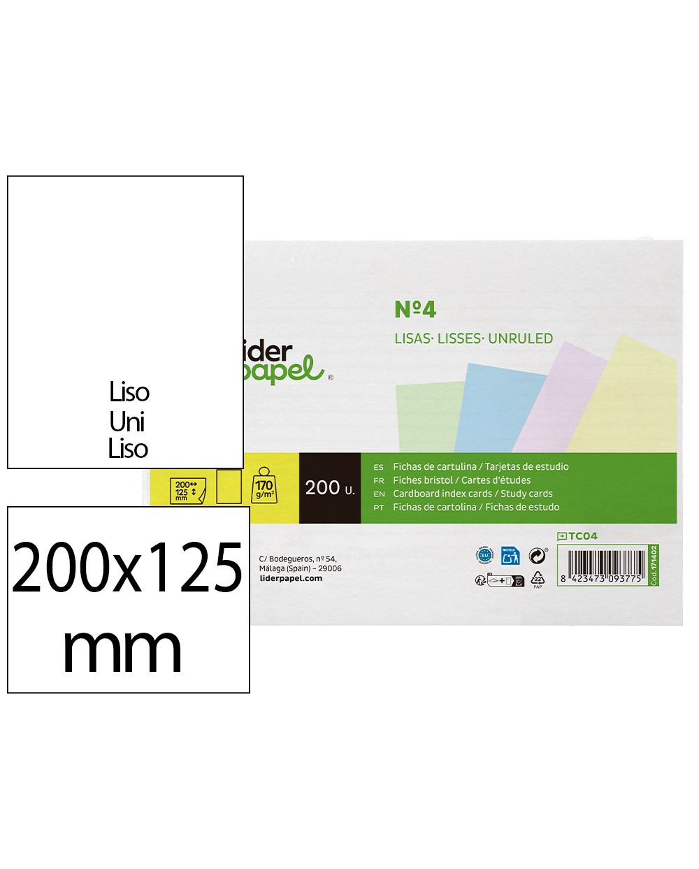 Tarjeta liderpapel para estudiar lisa cartulina de colores 170 gr m2 125x200mm paquete de 200 unidades