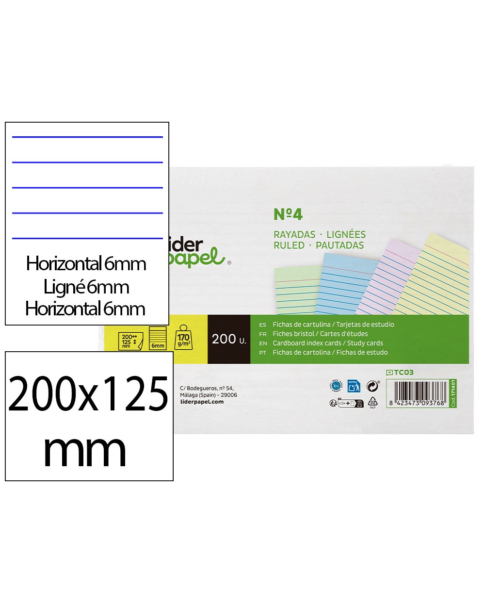 Tarjeta liderpapel para estudiar rayada cartulina de colores 170 gr m2 125x200mm paquete de 200 unidades