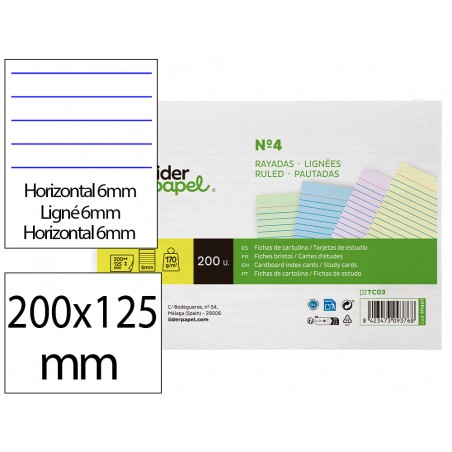 Tarjeta liderpapel para estudiar rayada cartulina de colores 170 gr m2 125x200mm paquete de 200 unidades