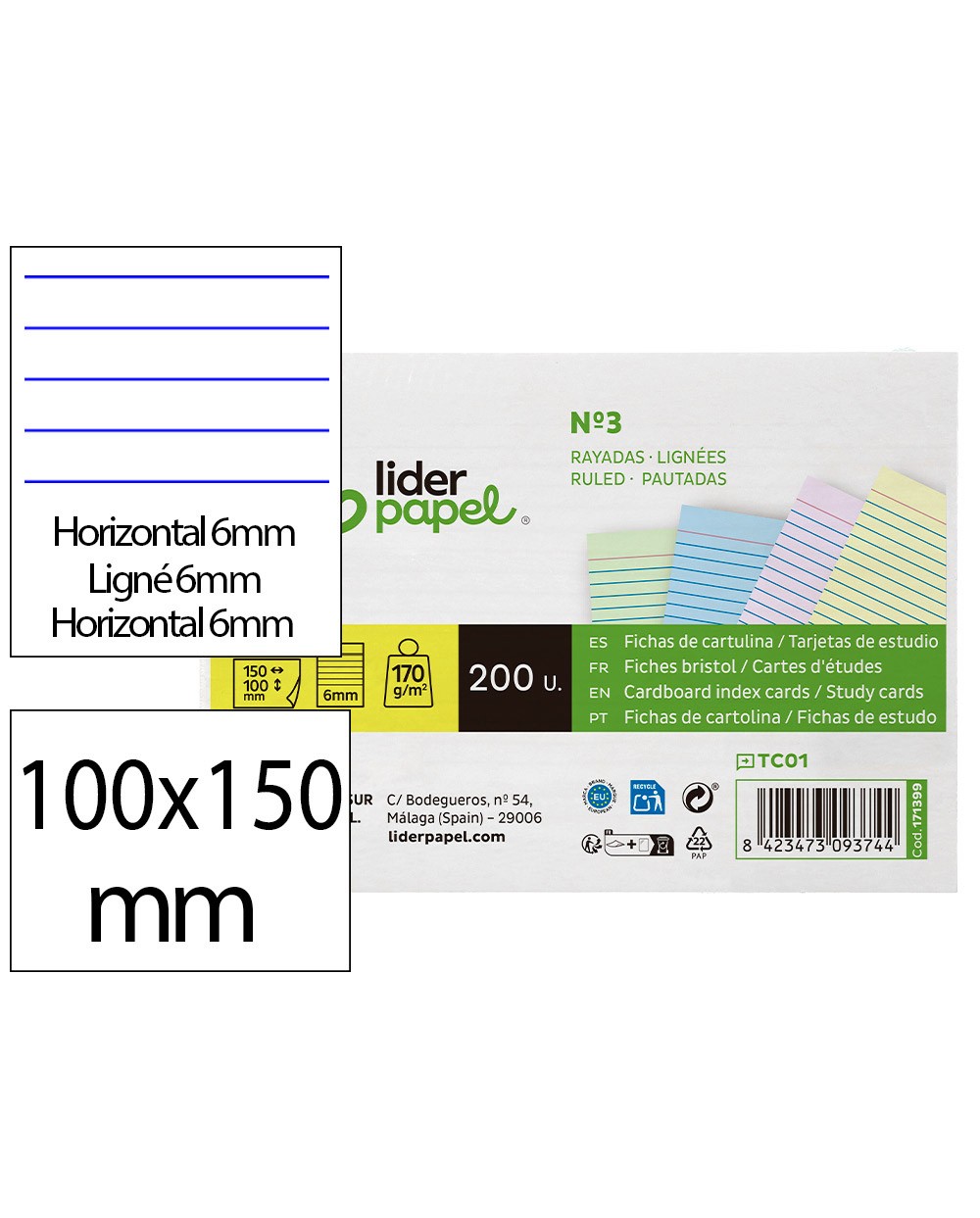 Tarjeta liderpapel para estudiar rayada cartulina de colores 170 gr m2 100x150mm paquete de 200 unidades