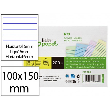 Tarjeta liderpapel para estudiar rayada cartulina de colores 170 gr m2 100x150mm paquete de 200 unidades