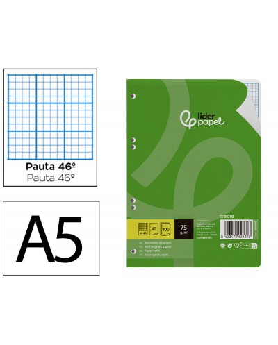 Recambio liderpapel din a5 100 hojas 75 gr rayado n 46 6 taladros