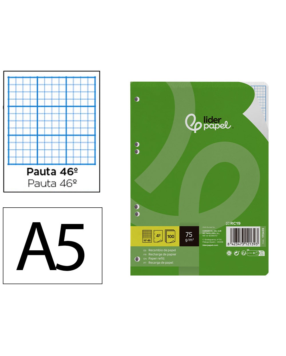 Recambio liderpapel din a5 100 hojas 75 gr rayado n 46 6 taladros