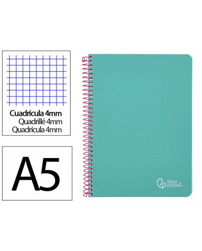 Cuaderno espiral liderpapel din a5 witty tapa dura 80h 90gr cuadro 4mm con margen color turquesa