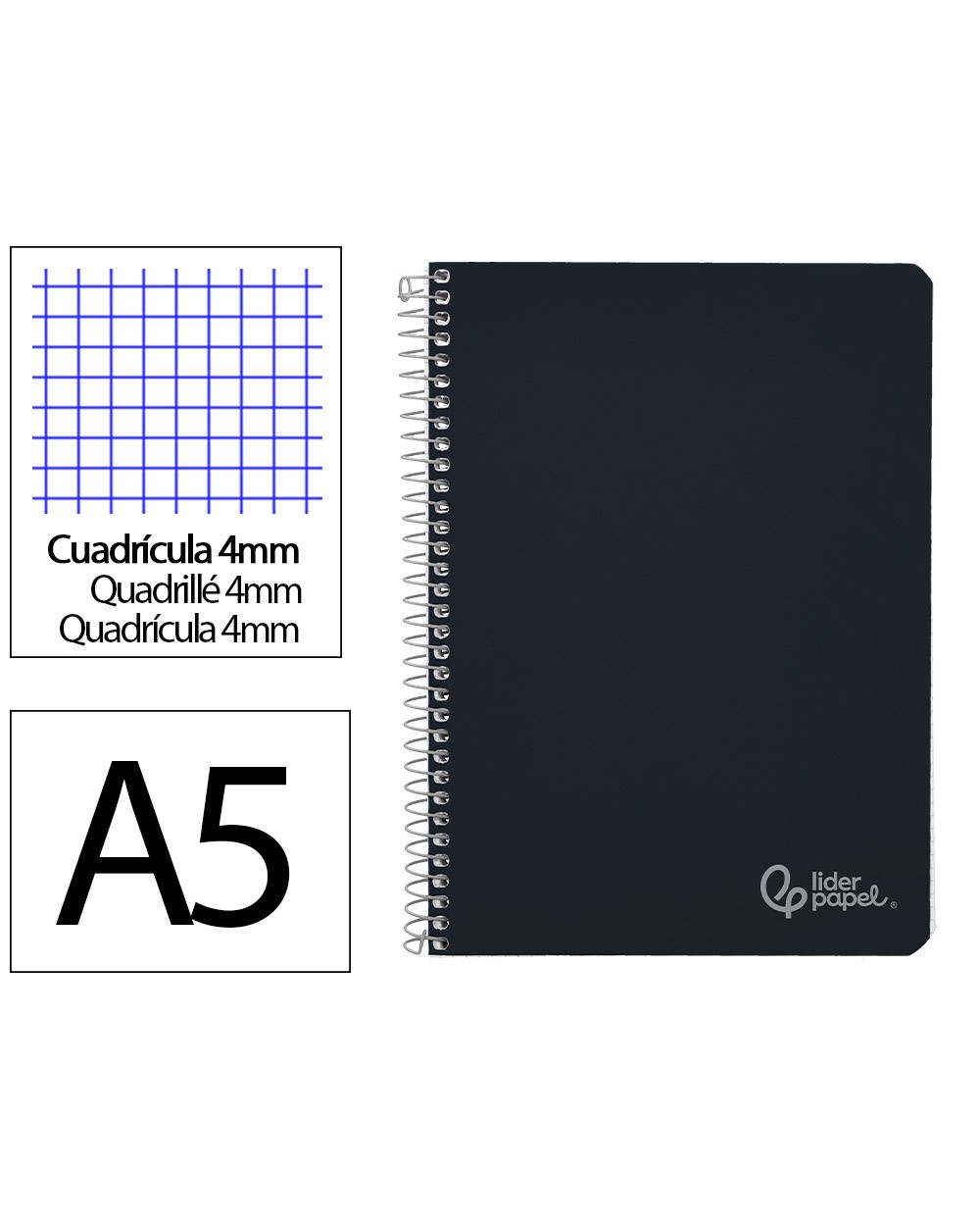 Cuaderno espiral liderpapel din a5 witty tapa dura 80h 90gr cuadro 4mm con margen color negro