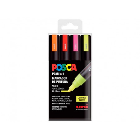 Rotulador uni posca pc 5m 4c marcador de pintura punta conica 18 25 mm bolsa de 4 unidades colores fluorescente