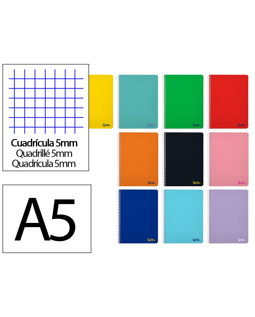 Cuaderno espiral liderpapel din a5 smart tapa blanda 80h 75gr cuadro 5mm con margen colores surtidos
