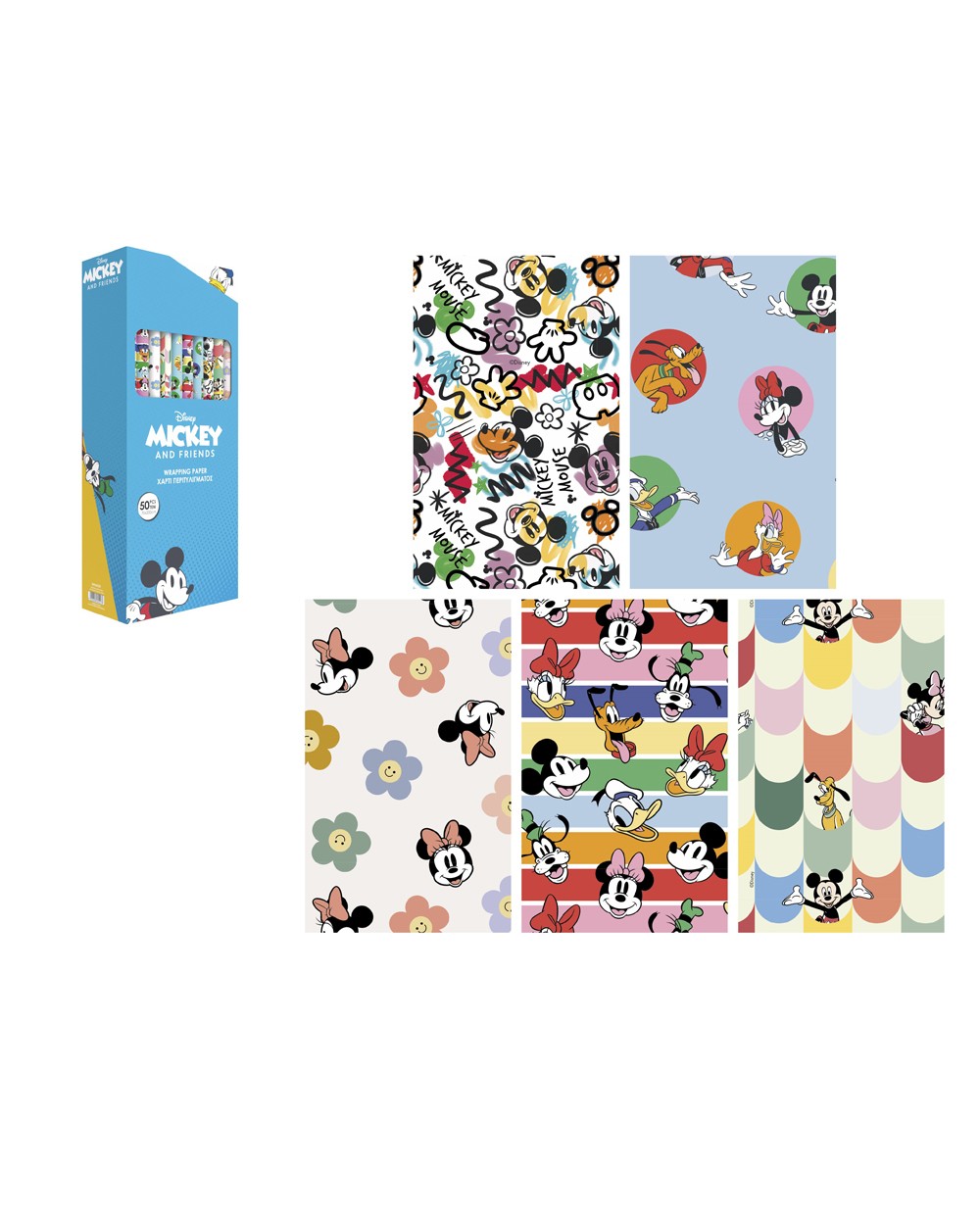 Papel de regalo basika disney mickey and friends rollo ancho 70 cm longitud 2 mt disenos surtidos gramaje 60