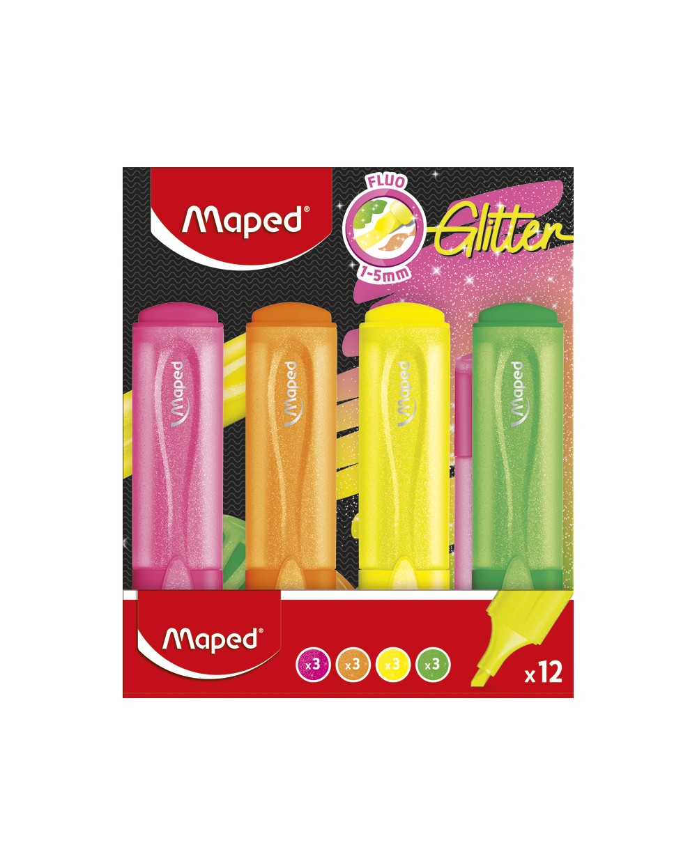 Rotulador maped fluorescente glitter blister de 12 unidades colores surtidos