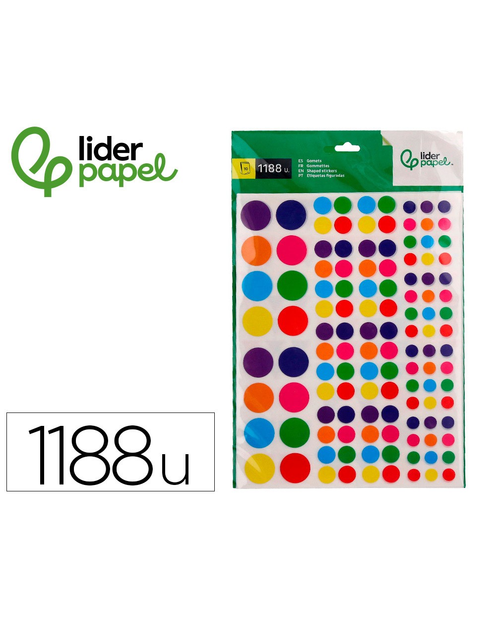 Gomets liderpapel autoadhesivo s figuras de colores y tamanossurtidos bolsa de 10 hojas 1188 unidades