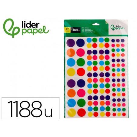 Gomets liderpapel autoadhesivo s figuras de colores y tamanossurtidos bolsa de 10 hojas 1188 unidades