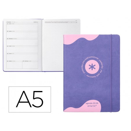 Agenda escolar antartik 25 26 encuadernada ggo simil piel morado semana vista a5 bilingue papel fsc 80 gr