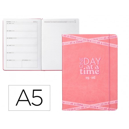 Agenda escolar antartik 25 26 encuadernada go simil piel rosa semana vista a5 bilingue papel fsc 80 gr