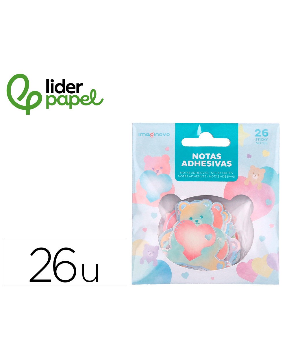 Pegatinas imaginovo notas adhesivas papel forma oso y corazon 110x105 mm en blister